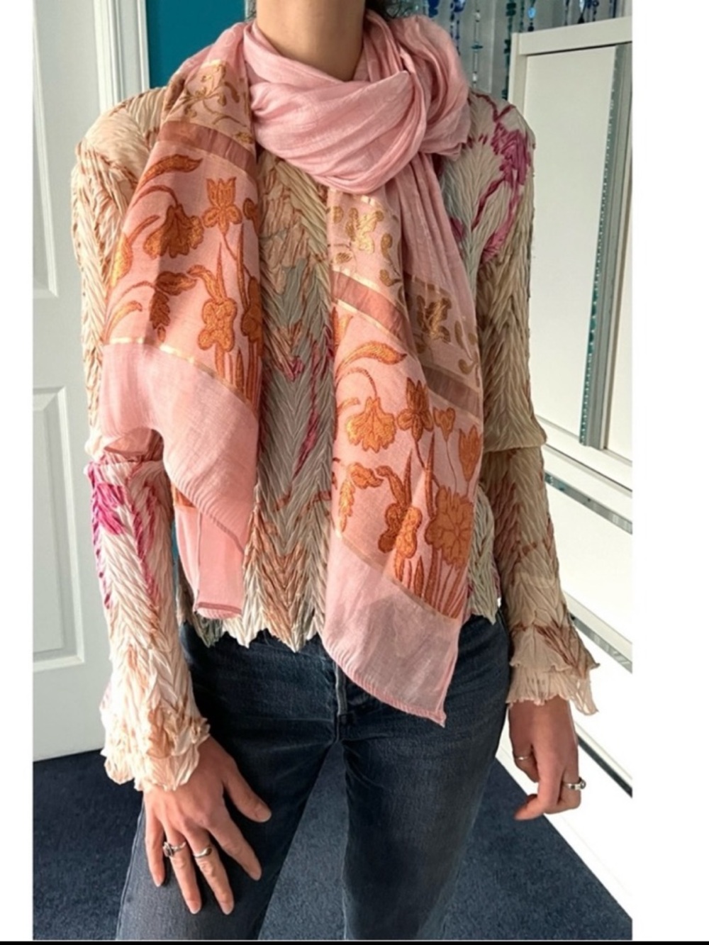 🆕 Fine woven scarf: long, soft in pink, copper & gold w/arabesques & flowers - Picture 16 of 16